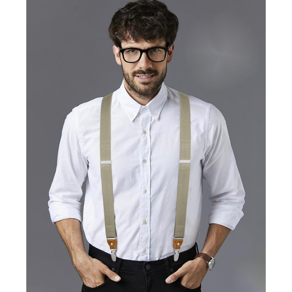 Hisdern Classic Beige Suspenders Y-Back Adjustable Fit for Men