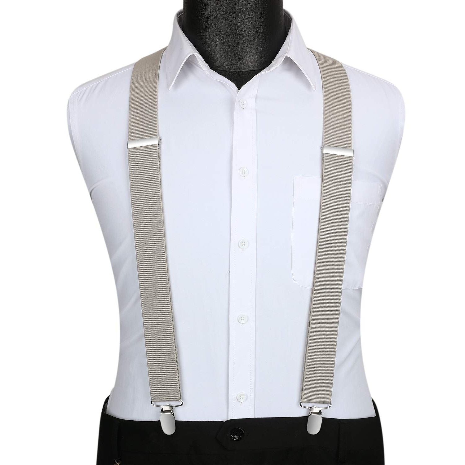 Hisdern 1.4 Inch Adjustable Suspender Khaki with 4-Clip for Formal Pants