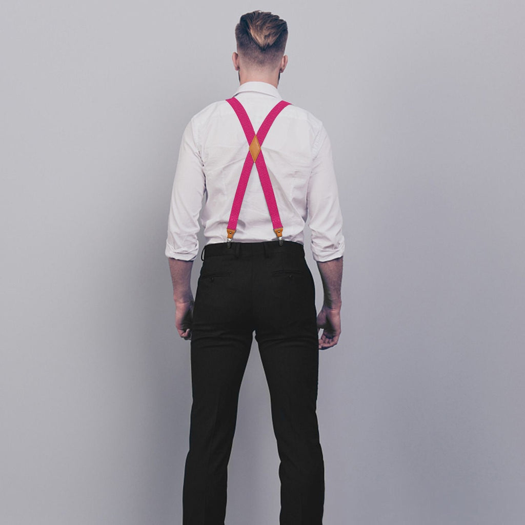 Hisdern Hot Pink Solid Suspenders Pre-Tied Bow Tie Set Formal Wedding
