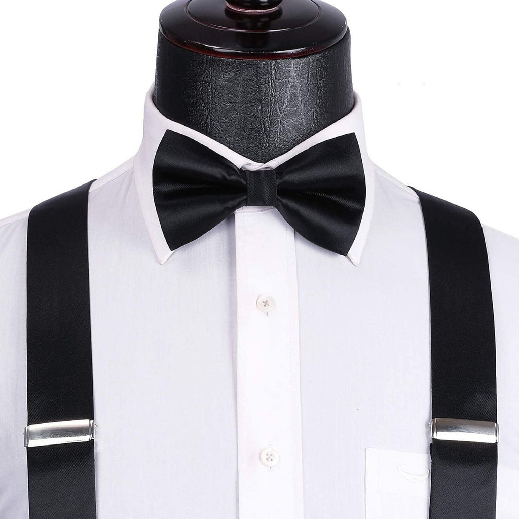 Hisdern Solid Suspenders Pre-Tied Bow Tie Set Black Formal Wedding Outfit
