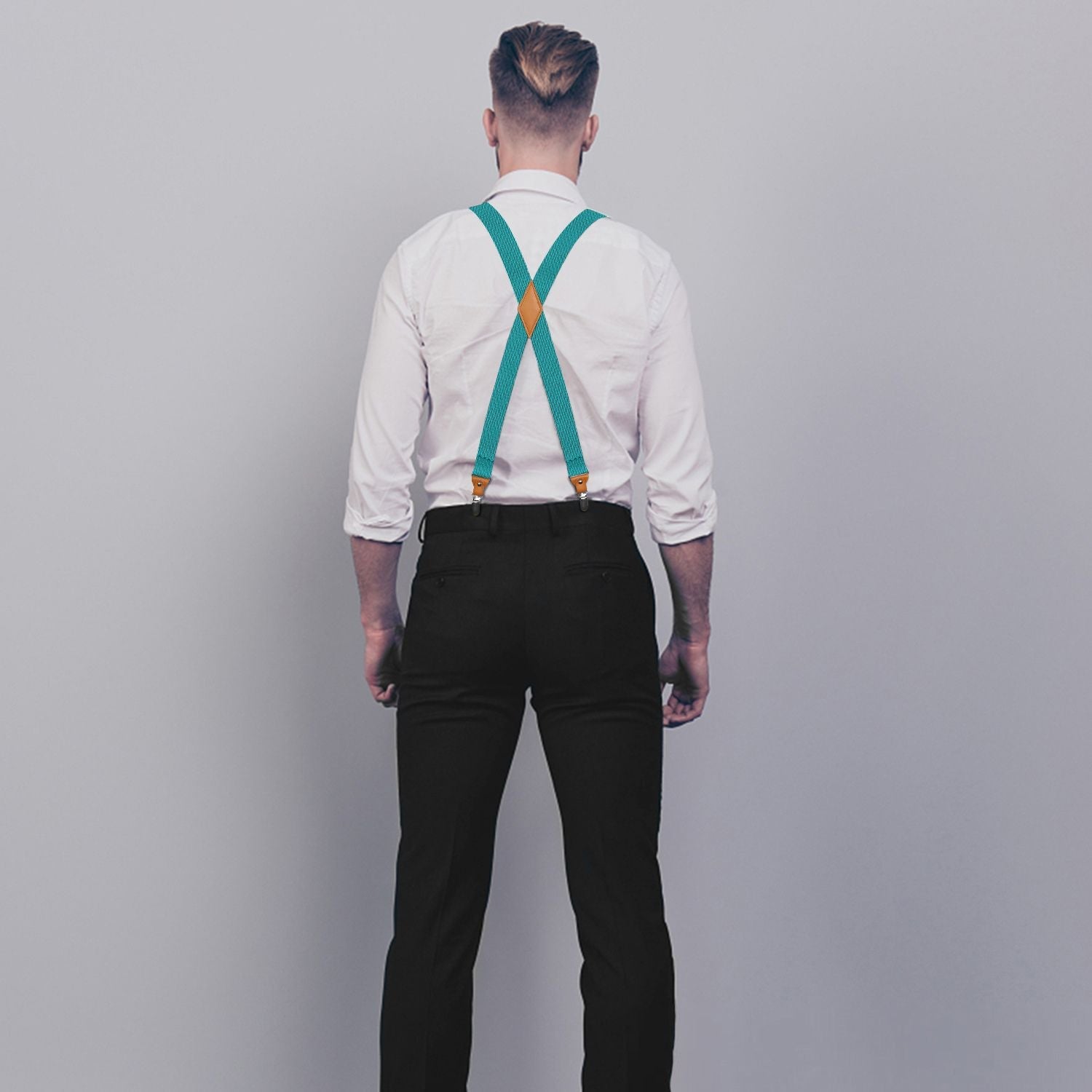 Hisdern Aqua Solid Suspenders Pre-Tied Bow Tie Set Formal Wedding