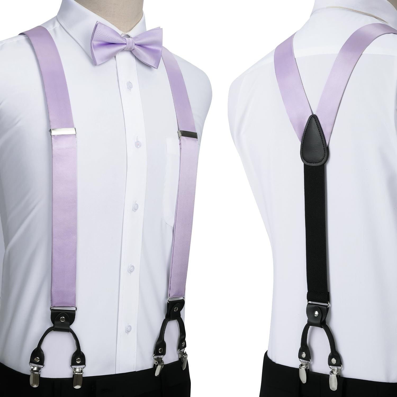 Hisdern Solid Suspenders Pre-Tied Bow Tie Set Lavender Formal Wedding Outfit