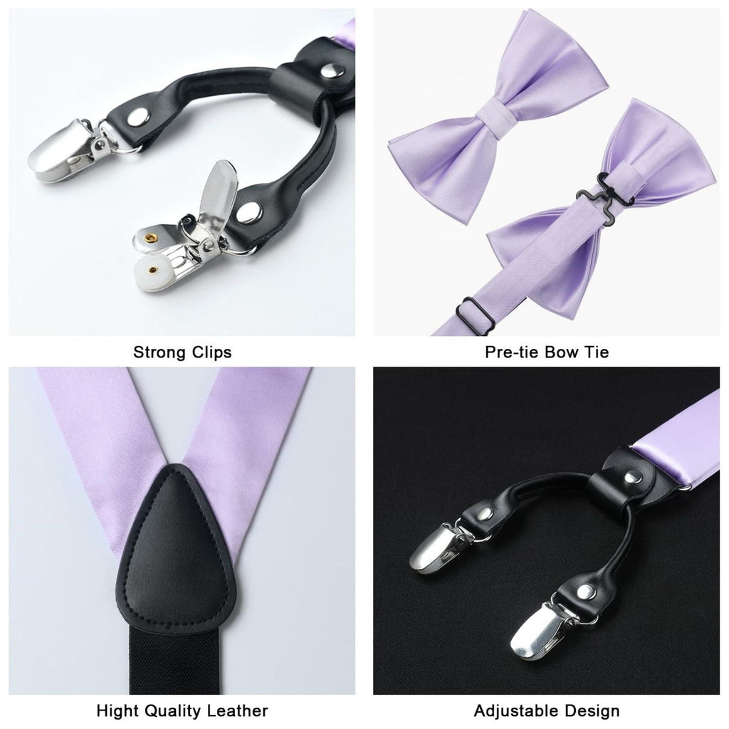 Hisdern Solid Suspenders Pre-Tied Bow Tie Set Lavender Formal Wedding Outfit