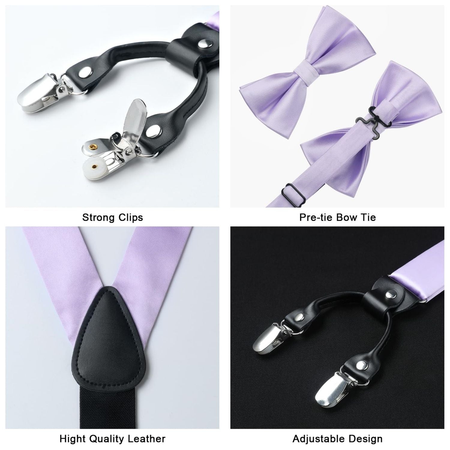 Hisdern Solid Suspenders Pre-Tied Bow Tie Set Lavender Formal Wedding Outfit