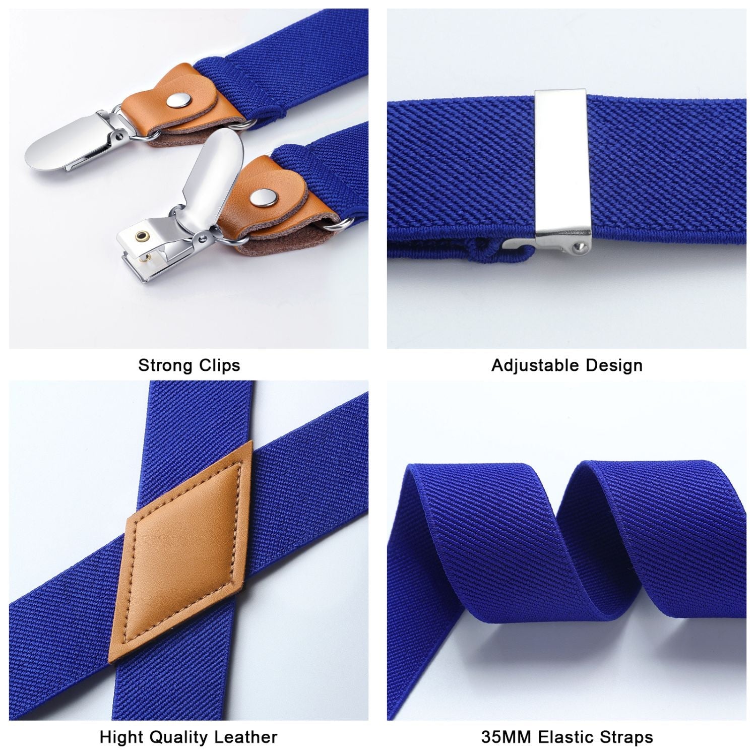 Hisdern 1.4 Inch Adjustable Suspender Royal Blue with 4-Clip for Formal Pants