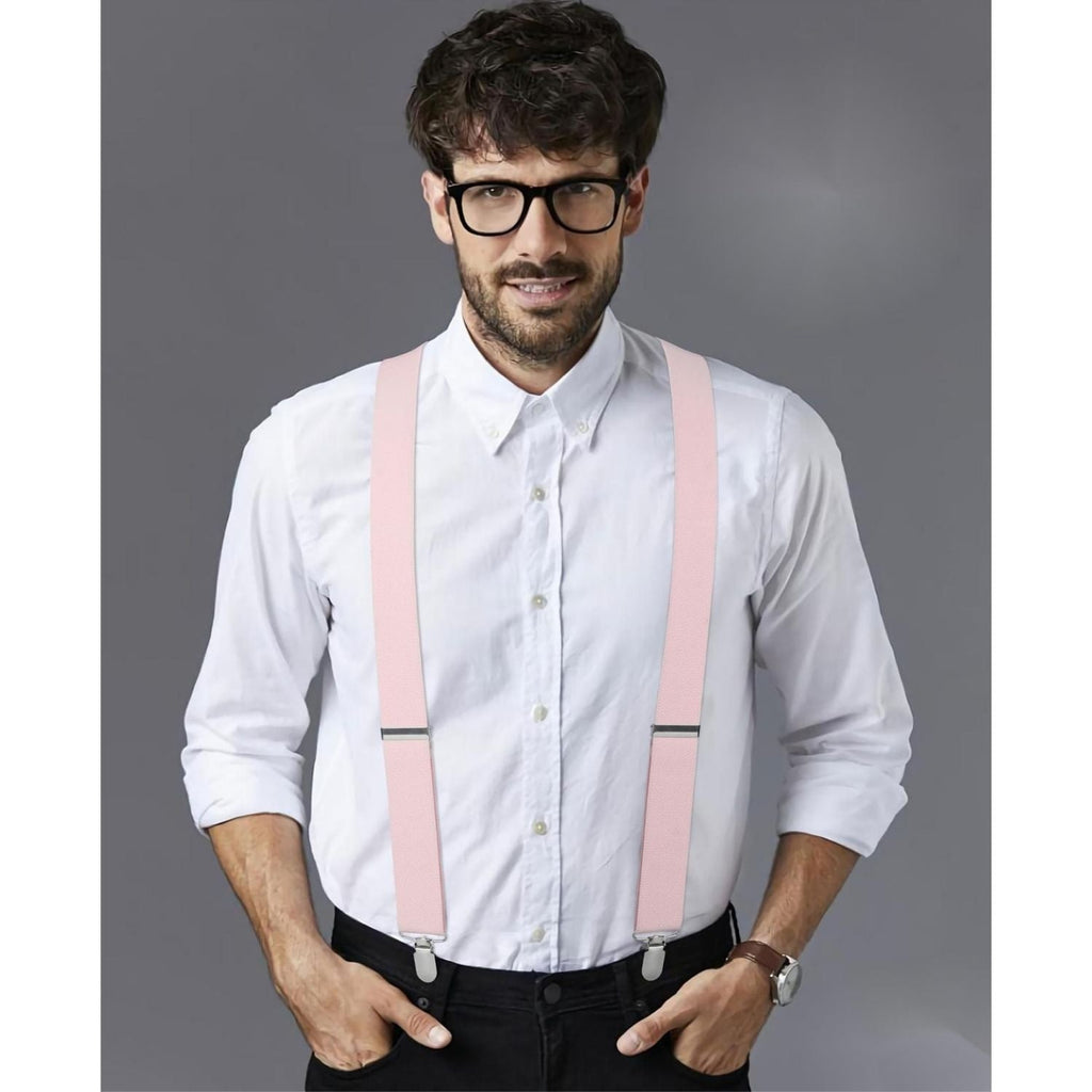 Hisdern 1.4 Inch Adjustable Suspender Pink with 4-Clip for Formal Pants