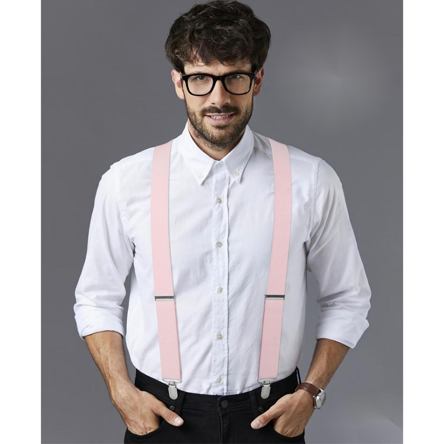 Hisdern 1.4 Inch Adjustable Suspender Pink with 4-Clip for Formal Pants