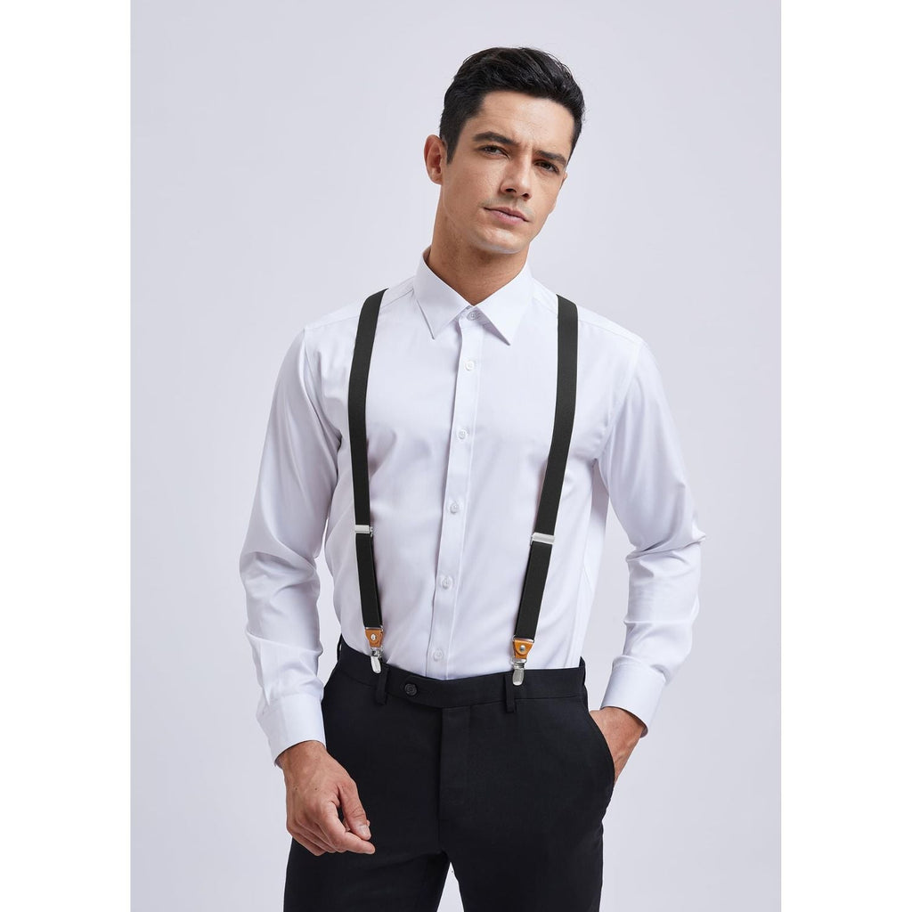 Hisdern 1.0 Inch Adjustable Suspender Black with 4-Clip for Formal Pants