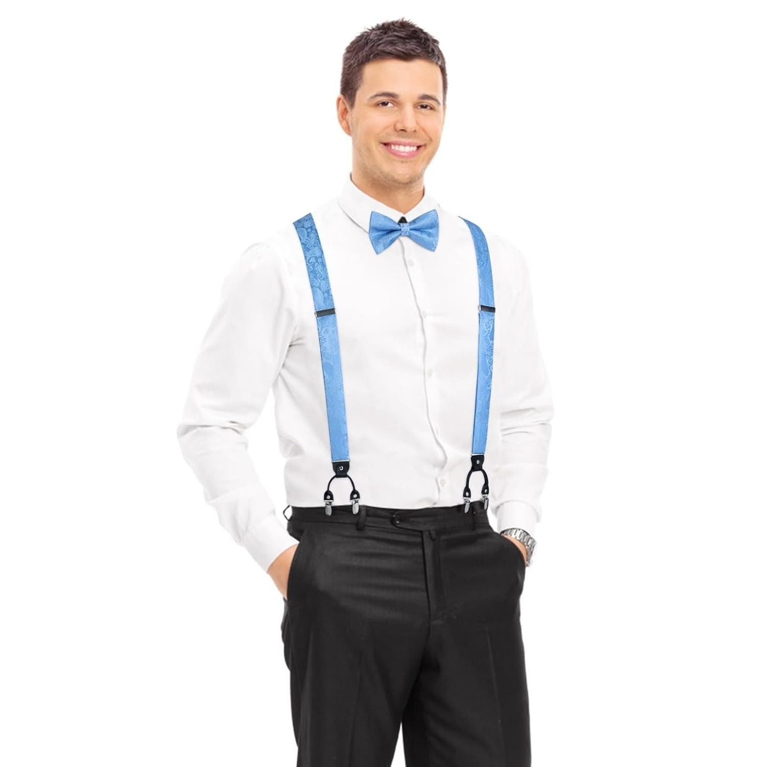 Hisdern Paisley Suspenders Pre-tied Bow Tie Set Sky Blue Formal Accessories
