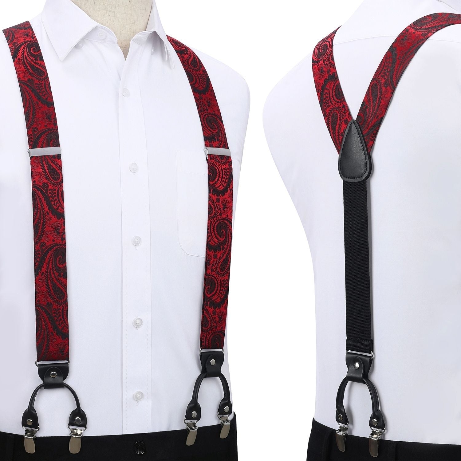 Hisdern Paisley Suspenders Bow Tie Set Red Black Formal Accessories