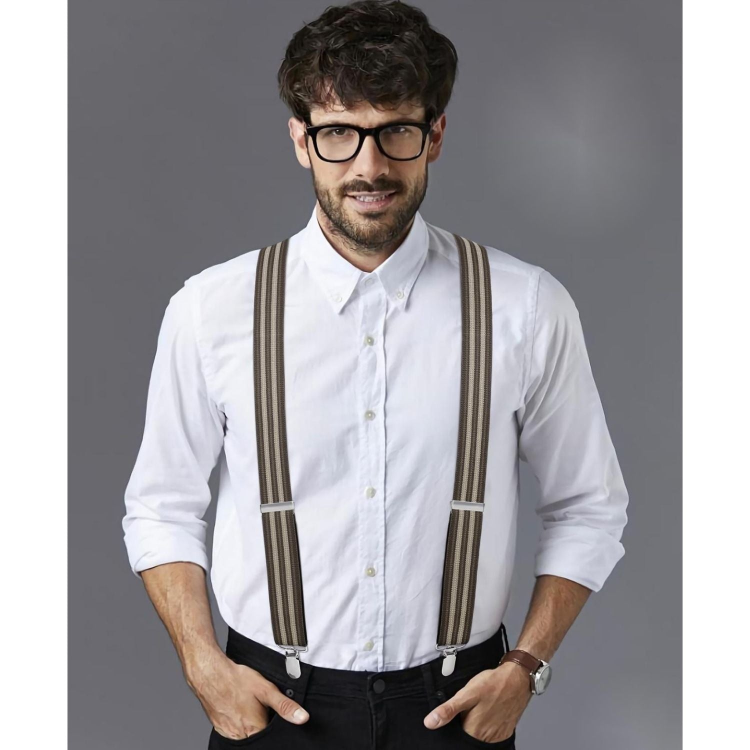Hisdern 1.4 Inch Adjustable Suspender Brown with 4-Clip for Formal Pants