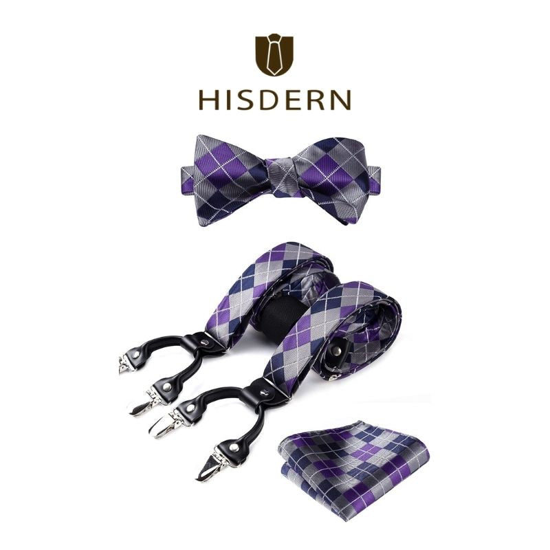 Hisdern Plaid Suspenders Pre-tied Bow Tie Set Purple Grey Pattern Accessories