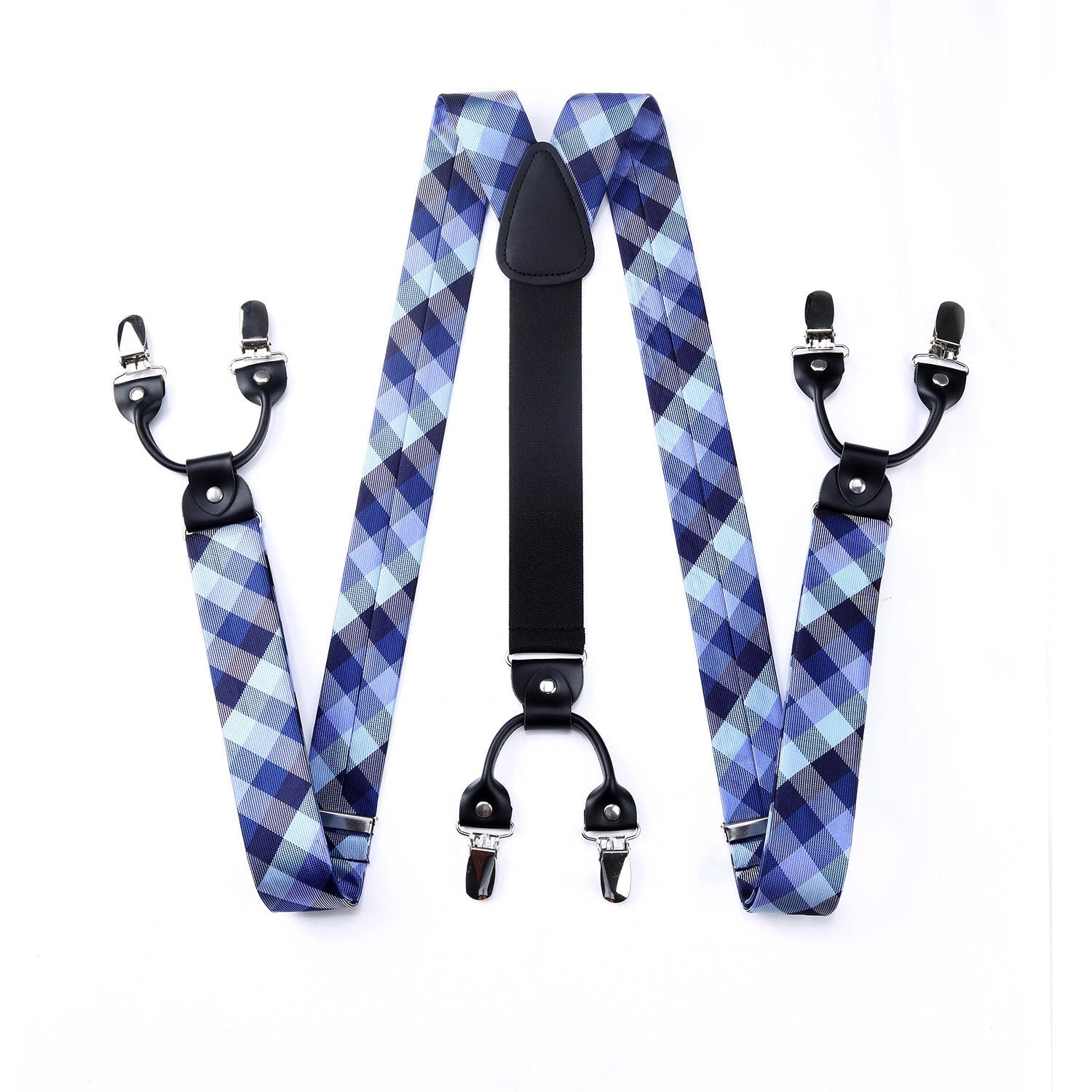 Hisdern Plaid Suspenders Pre-tied Bow Tie Set Blue Pattern Accessories