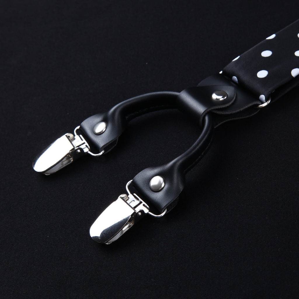 Hisdern Polka Dot Suspenders Pre-Tied Bow Tie Set Black Retro Outfit