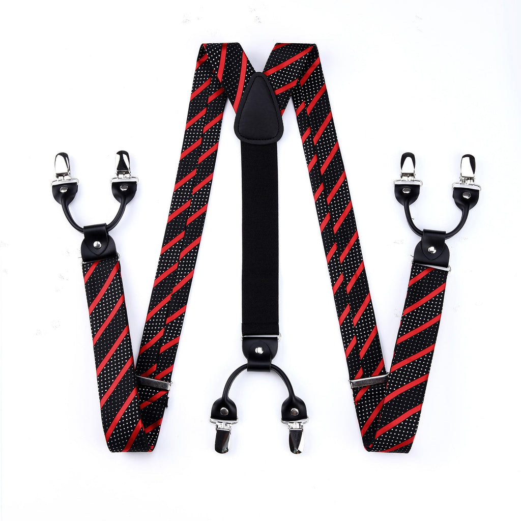 Hisdern Striped Suspenders Pre-tied Bow Tie Set Red Black Black Groom Outfit