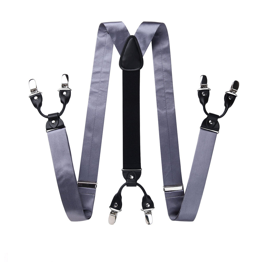 Hisdern Solid Suspenders Pre-Tied Bow Tie Set Grey Formal Wedding Outfit