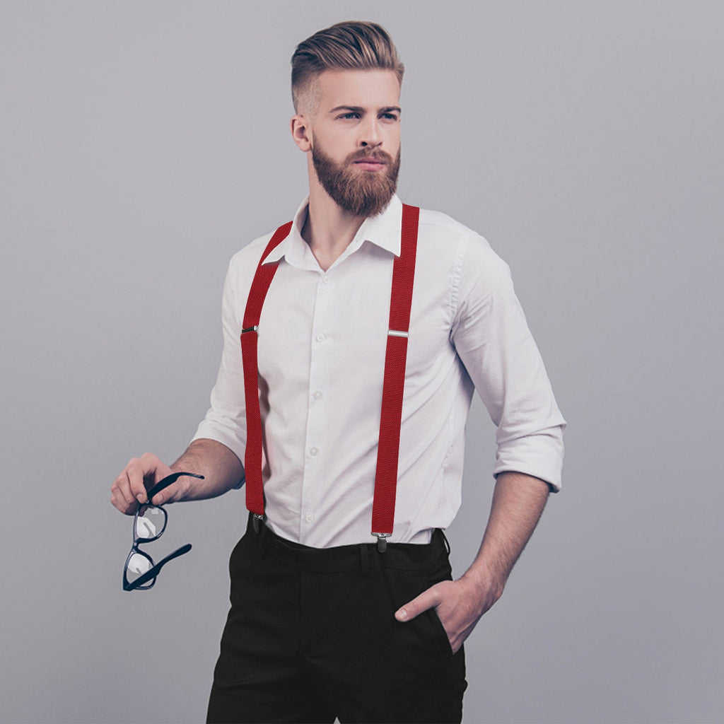 Hisdern 1.4 Inch Adjustable Suspender Red with 4-Clip for Formal Pants