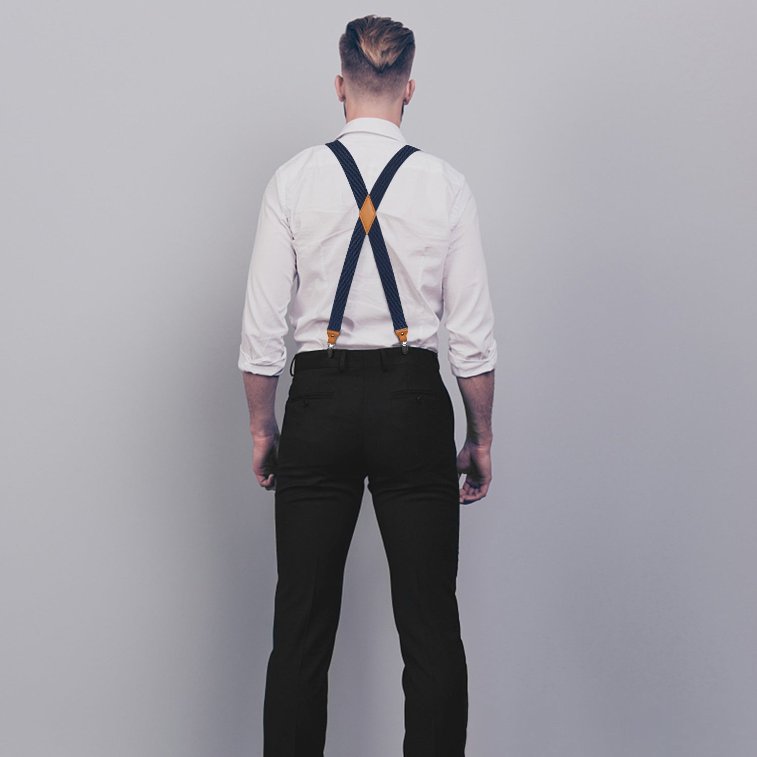 Hisdern 1.4 Inch Adjustable Suspender Navy Blue with 4-Clip for Formal Pants