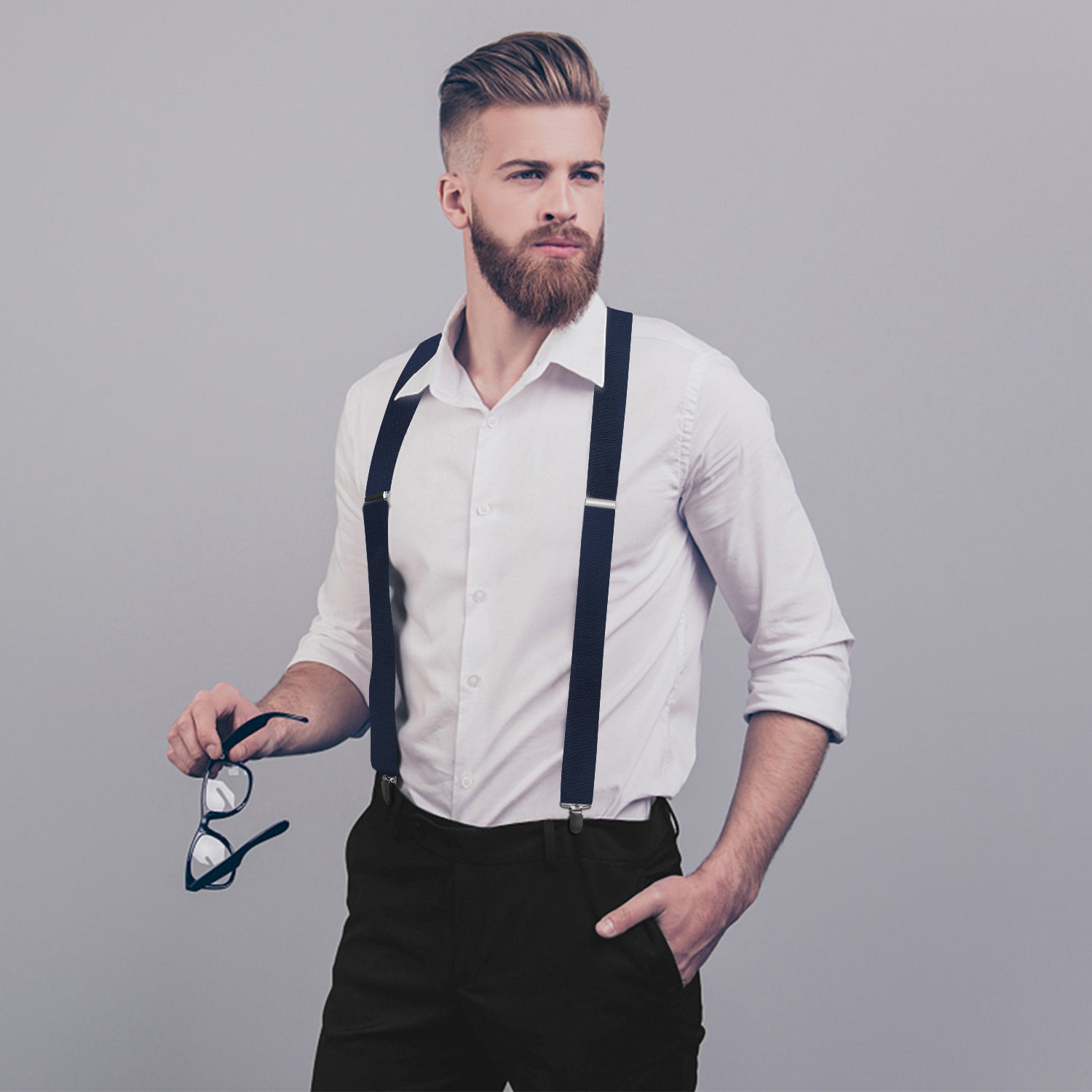 Hisdern 1.4 Inch Adjustable Suspender Navy Blue with 4-Clip for Formal Pants