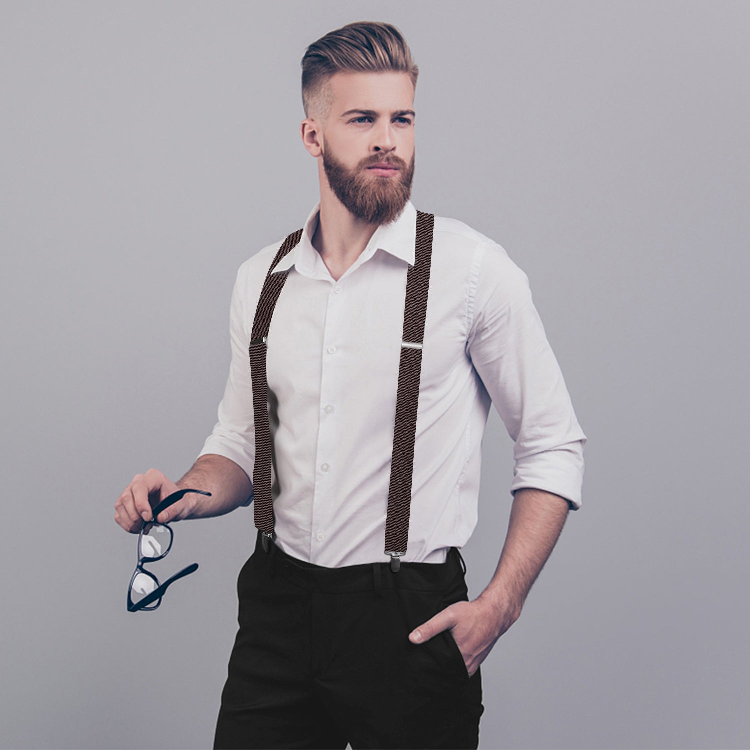 Hisdern 1.4 Inch Adjustable Suspender Brown with 4-Clip for Formal Pants