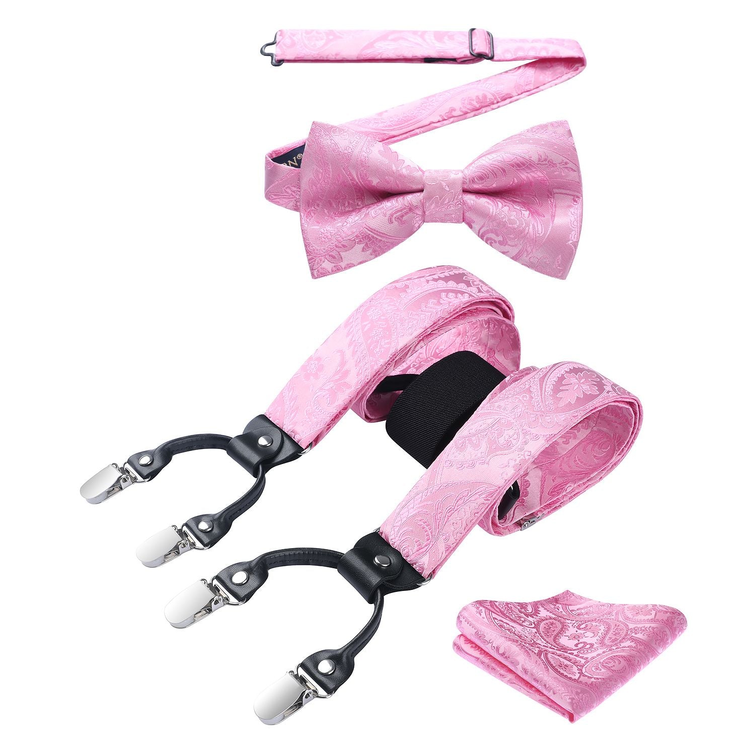 Paisley Floral Suspender Pre-Tied Bow Tie Handkerchief - C8-PINK